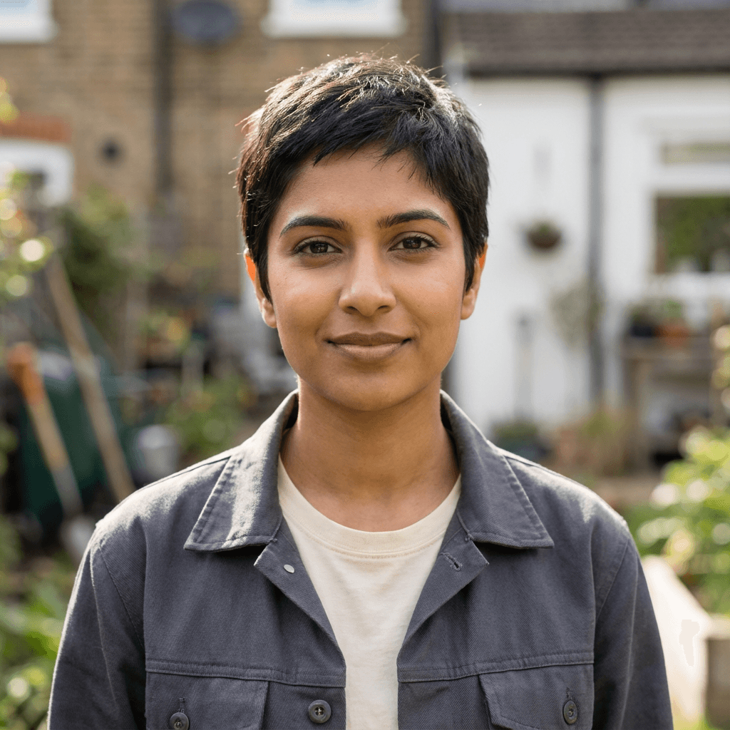 Priya Patel, a female first-time landlord, sitting at a desk with paperwork