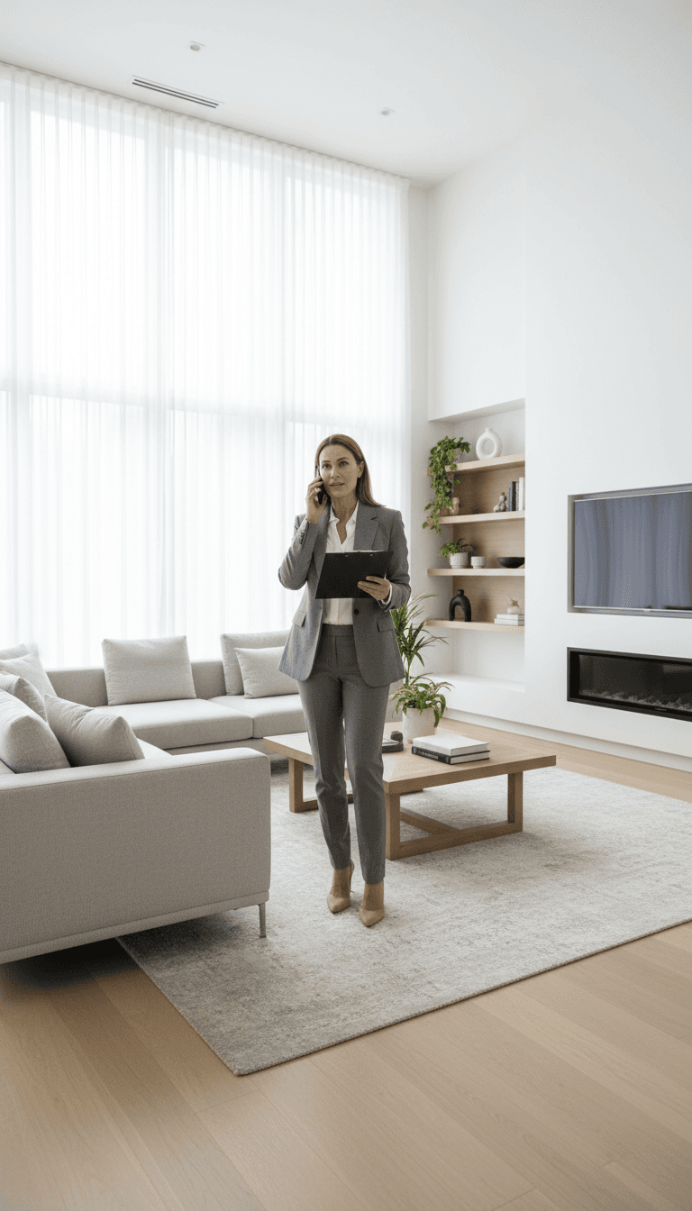 Property manager coordinating maintenance with clipboard and phone in a modern home