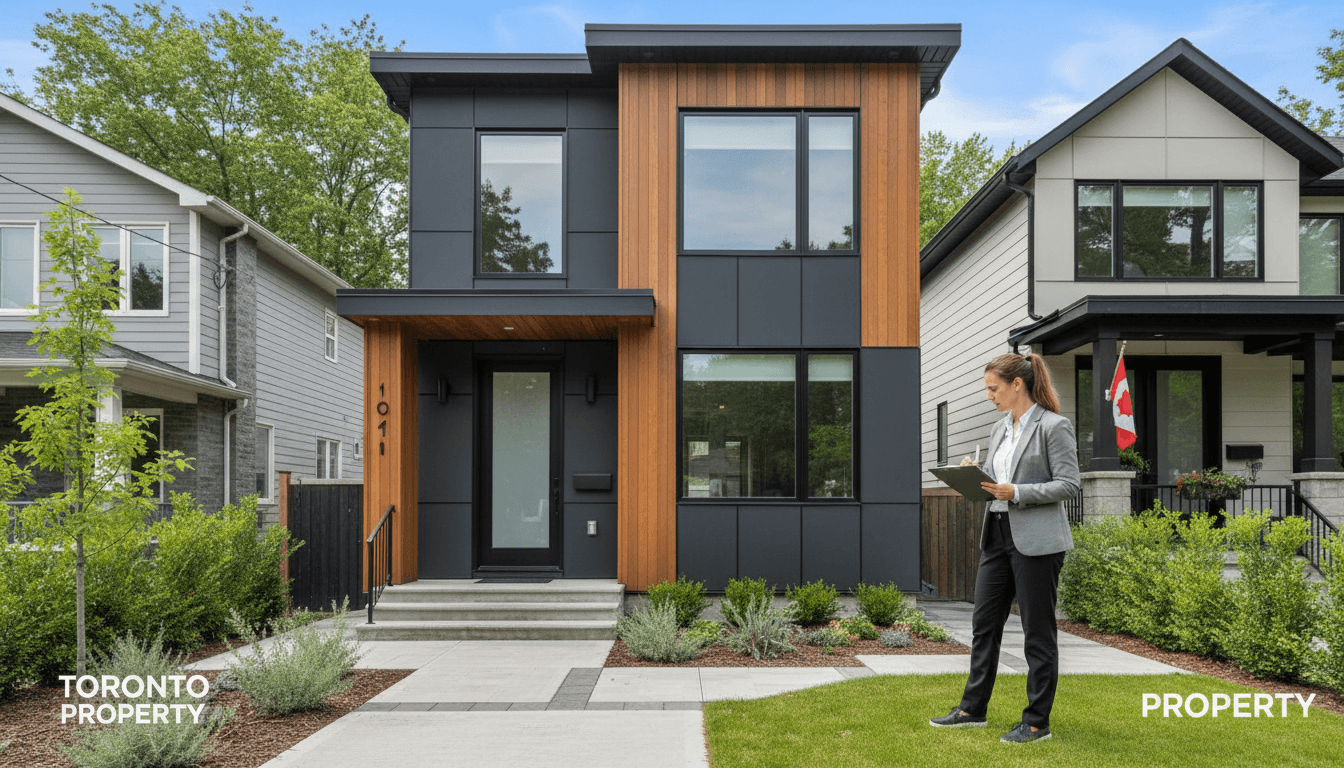 Property manager reviewing a home with a clipboard outside a Toronto house