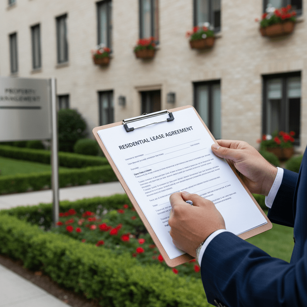 Property manager reviewing notes in front of a residential home